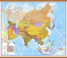 Large Political Asia Wall Map (Wooden hanging bars)