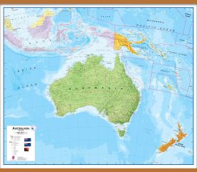 Large Political Australasia Wall Map (Wooden hanging bars)