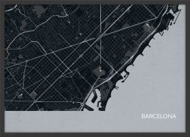 Small Barcelona City Street Map Print - Charcoal (Wood Frame - Black)