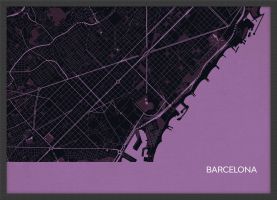 Small Barcelona City Street Map Print - Mauve (Wood Frame - Black)
