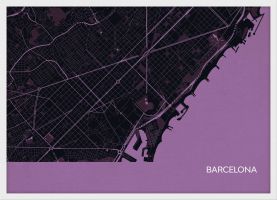 ARCH B Barcelona City Street Map Print - Mauve (Wood Frame - White)