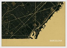 Small Barcelona City Street Map Print - Straw (Wood Frame - White)