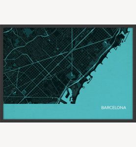 ARCH B Barcelona City Street Map Print - Turquoise (Wood Frame - Black)