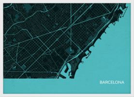 Small Barcelona City Street Map Print - Turquoise (Wood Frame - White)