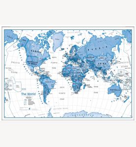 Large Children's Art Map of the World - Blue (Wood Frame - White)
