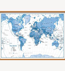 Large Children's Art Map of the World - Blue (Wooden hanging bars)
