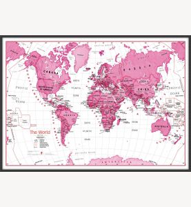 Large Children's Art Map of the World - Pink (Pinboard & wood frame - Black)