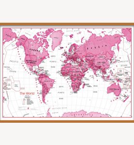 Large Children's Art Map of the World - Pink (Wooden hanging bars)