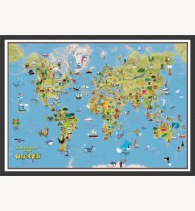 Kids Cartoon World Map (Wood Frame - Black)