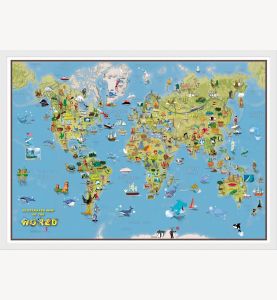 Kids Cartoon World Map (Pinboard & wood frame - White)