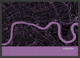 Small London City Street Map Print - Mauve (Wood Frame - Black)