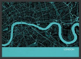 Small London City Street Map Print - Turquoise (Wood Frame - Black)