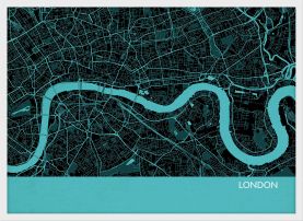 Small London City Street Map Print - Turquoise (Wood Frame - White)
