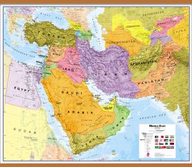 Large Political Middle East Wall Map (Wooden hanging bars)