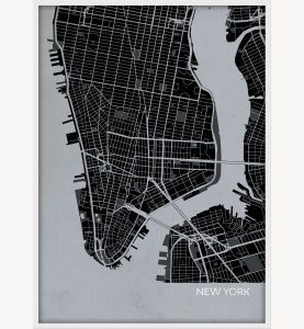 Small New York City Street Map Print - Charcoal (Wood Frame - White)