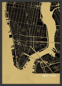 Small New York City Street Map Print - Straw (Wood Frame - Black)