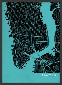 Small New York City Street Map Print - Turquoise (Wood Frame - Black)