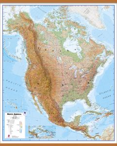 Large Physical North America Wall Map (Wooden hanging bars)