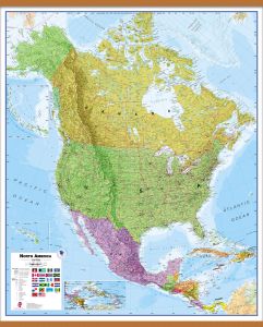Large Political North America Wall Map (Wooden hanging bars)