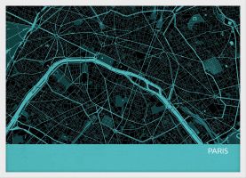 Small Paris City Street Map Print - Turquoise (Wood Frame - White)