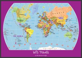 Large Personalized Child's World Map (Pinboard & wood frame - Black)