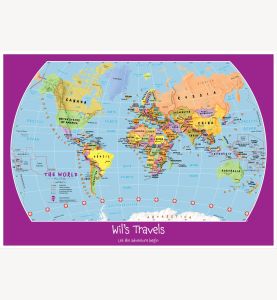 Large Personalized Child's World Map (Pinboard & wood frame - White)