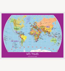 Small Personalized Child's World Map (Pinboard & wood frame - White)