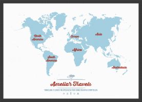 Small Personalized Travel Map of the World - Aqua (Pinboard & wood frame - Black)