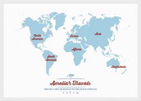 Small Personalized Travel Map of the World - Aqua (Pinboard & wood frame - White)