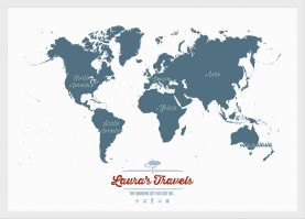 Small Personalized Travel Map of the World - Teal (Pinboard & wood frame - White)