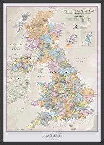 Medium Personalized UK Classic Wall Map (Pinboard & wood frame - Black)