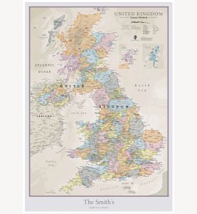 Large Personalized UK Classic Wall Map (Pinboard & wood frame - White)
