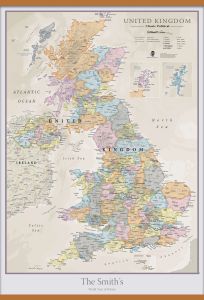 Large Personalized UK Classic Wall Map (Wooden hanging bars)