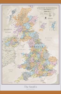 Medium Personalized UK Classic Wall Map (Wooden hanging bars)