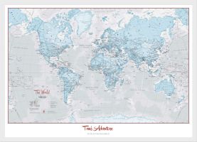 Medium Personalized World Is Art Wall Map - Aqua (Wood Frame - White)