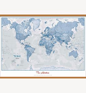 Large Personalized World Is Art Wall Map - Blue (Wooden hanging bars)