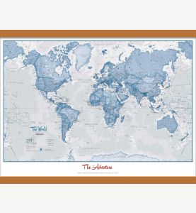 Small Personalized World Is Art Wall Map - Blue (Wooden hanging bars)