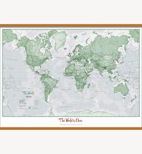 Huge Personalized World Is Art Wall Map - Green (Wooden hanging bars)