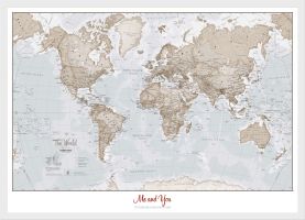 Small Personalized World Is Art Wall Map - Neutral (Pinboard & wood frame - White)