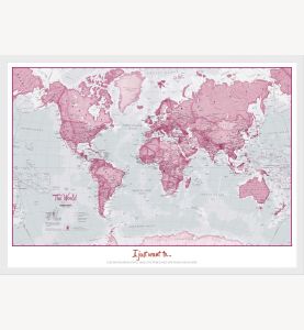 Medium Personalized World Is Art Wall Map - Pink (Wood Frame - White)
