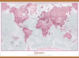 Huge Personalized World Is Art Wall Map - Pink (Wooden hanging bars)