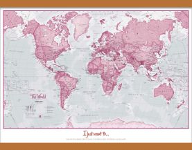 Small Personalized World Is Art Wall Map - Pink (Wooden hanging bars)