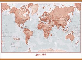 Large Personalized World Is Art Wall Map - Red (Wooden hanging bars)