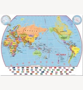 Large Elementary School Pacific-Centred Political World Wall Map with flags (Pinboard)