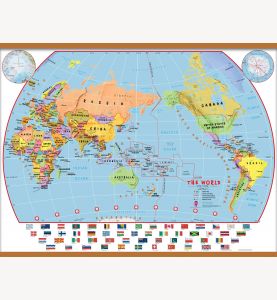 Huge Elementary School Pacific-Centred Political World Wall Map with flags (Wooden hanging bars)