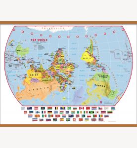 Large Elementary School Upside-Down Political World Wall Map with flags (Wooden hanging bars)