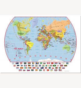 Large Elementary School Political World Wall Map with flags (Pinboard)