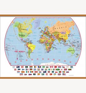 Large Elementary School Political World Wall Map with flags (Wooden hanging bars)