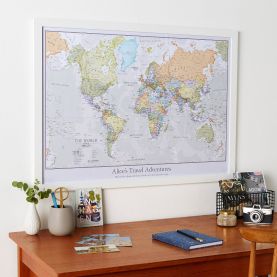 Large Personalized Classic World Map (Pinboard & wood frame - White)