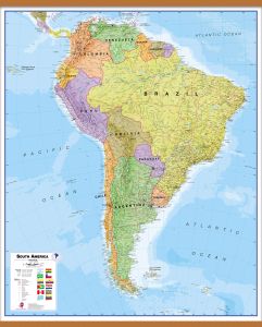 Large Political South America Wall Map (Wooden hanging bars)